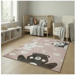 Jimri Kinderteppich Happy Friends Teppich für Kinderzimmer, Kinderteppich Bär Hase Panda, Rechteckig beige|rosa Rechteckig | 120 cm x 170 cm