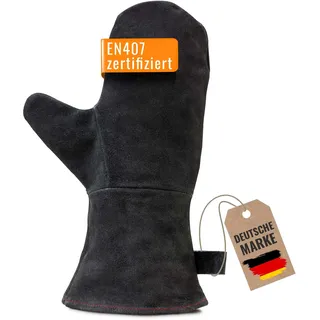 achilles Kaminhandschuh mit Thermoisolierung Ofenhandschuh aus Leder Grillhandschuh Feuerfest Schwarz