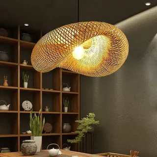 Pendellampe Retro Natürlichen Bambus Rattan Gewebt Kronleuchter Rattan Beleuchtung Holz Lampe Höhenverstellbar E27 Hängelampe Esszimmer Wohnzimmer Schlafzimmer Küche Dekoration Pendelleuchte,50cm