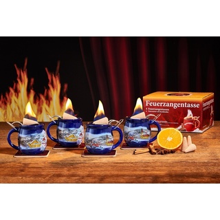 Feuerzangentasse Bowle-Set Feuerzangentasse 4er-Set (Feuerzangenbowle Set, 9-tlg., 4x Feuerzangentasse, 4x Korkuntersetzer, 1x Rezeptheftchen), hitzebeständige Keramik, Edelstahl-Feuerzange blau