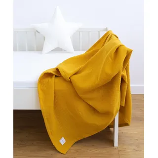 LOOLAY Musselin Decke 120x120cm – 100% Europäische Baumwolle – Leicht Atmungsaktiv – musselindecke Sommer für Kinder – Wickeldecke, Reisedecke und Strandtuch(Senfgelb)