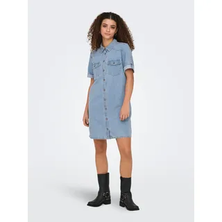 Jeanskleid ONLY "ONLLISA – Denimkleid mit Knopfleiste und Brusttaschen", Damen, Gr. XS, N-Gr, blau (light blau denim), Denim/Jeans, Obermaterial: 90% Baumwolle, 10% Viskose, unifarben, kurz, mit Umschlag, Kleider, Baumwollmischung