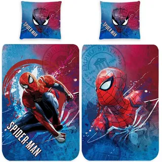 BERONAGE Kinderbettwäsche Spider Man New York Bettwäsche Linon / Renforcé, 100% Baumwolle, 2 teilig, 135x200 + 80x80 cm blau|rot