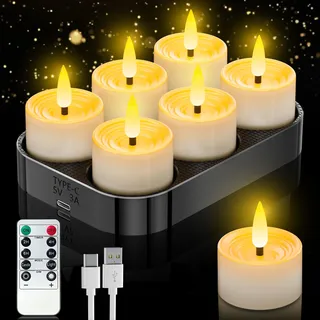 Aufladbare Led Teelichter mit Timerfunktion, 6er Wiederaufladbare LED Teelichter Kerzen Flackernde Flamme mit Fernbedienung und Ladestation für Wohnzimmer Partys Halloween und Weihnachten Deko