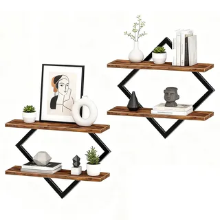 SHINWHEN Wandregal Set 2-teilig im Rustikalen Design, 2-stöckige Schweberegal aus Holz & Metall, für Wohnzimmer, Küche, Büro, Holz Hängeregale als Wanddekoration & Aufbewahrung