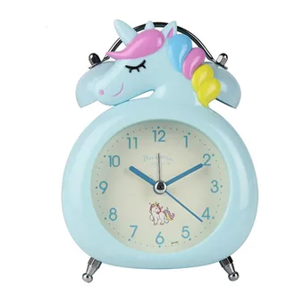 SWECOMZE Einhorn-Wecker für Mädchen und Kinder, niedliche Schlafzimmerdekoration, kein Ticken, geräuschloser Sekundenzeiger, mit Hintergrundbeleuchtung, super laute Doppelglocke, für Kinder (Blau)