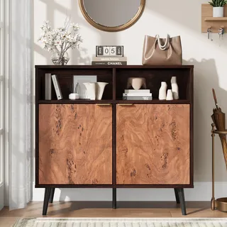 Garvee Sideboard Kommode 80x40x80cm, Retro Beistellschrank mit 2 Türen in Wurzelholz-Optik & 2 Offenen Fächern, Saugroboter-freundlicher Aufbewahrungsschrank für Wohnzimmer, Flur, Kaffeebar, Walnuss