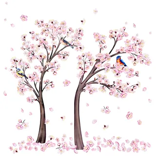 Kirschbaum Wandtattoo Rosa Baum Kirschblüte für Wanddeko,XXL Groß Pink Blumen Zweige Ast Vögel Querformat Wandsticker Wandaufkleber Kleben Aufkleber Wandbilder für Wohnzimmer Schlafzimmer Vorraum Flur
