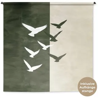 MuchoWow Wandteppich Japandi - Vogel - Grün, Quadratisch, Höhe: 3 mm, Wandteppich xxl, Kleid Wanddeko, 180x180 cm beige|grün Quadratisch | 180 cm x 180 cm x 3 mm