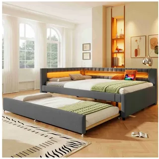 BlingBin Daybett Schlafsofa Modernes Tagesbett mit ausziehbarem Gästebett (1 tlg), LED-Fernbedienungslichtleiste, Leinen+MDF, Grau, ohne Matratze grau 151 cm x 213 cm x 81 cm