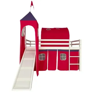 Kinder Hochbett mit Rutsche und Zelt 90x190 cm (ohne Matratze), weisses Kiefernholz, Spielbett mit Leiter und Baumwollzelt im Schlossdesign - Weiß