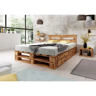 Lermowood Palettenbett M2 aus Holz 200 x 200 cm Geflammt mit Kopfteil und 2 Bettkästen Holzbett 30cm Stabiles Seniorenbett Kinderbett Jugendbett Gästebett erhöhtes Bettgestell Komforthöhe Naturholz