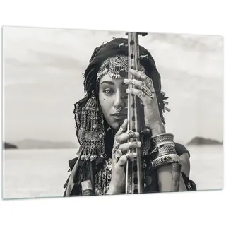 Bilder auf Glas 120x80cm Wandbild Glasdruck Schwarz-Weiß Kultur - 5027 | Frau Ethnisch Schmuck Groß XXL Modern Dekoration Wohnzimmer Schlafzimmer Küche Wanddeko Kunstdruck Art Wall Decor ARTTOR