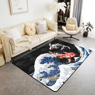 Loussiesd Japanischer Stil Teppich 100x150cm Oriental Ozean Meer Welle Wohnzimmer Teppiche für Schlafzimmer Home Decor Koi Fisch Muster Teppich Ultra Weiche rutschfeste Innenbodenmatte