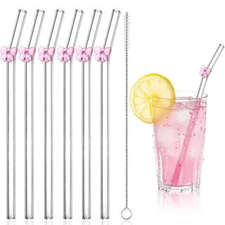 FloralGrace 6 Stück Schleife Niedliche Wiederverwendbare 20CM Klare Charme Glas Trinken Scherbenbeständige Borosilicat Strohhalme Set mit Reinigungs Bürste (Rosa)