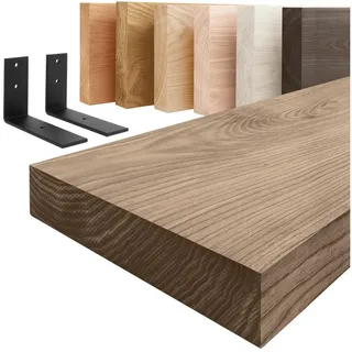 LAMO Manufaktur Wandregal Holz Gerade Regal Farbe: Nussbaum mit schwarzem Basic 120 cm, Komplett-Set, 40mm stake Massivholzplatte 120 cm x 4 cm x 20 cm