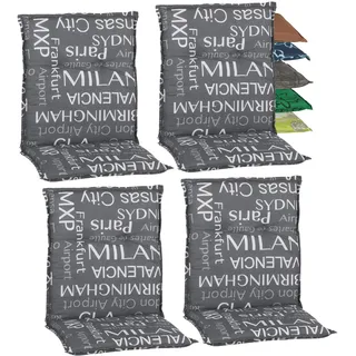Beo Niedriglehner Auflagen 4er Set Barcelona | Made in EU nach Öko-Tex Standard | Waschbare Stuhlauflage Niedriglehner mit Halteband | Atmungsaktive Auflagen Niedriglehner mit Städtenamen in Grau