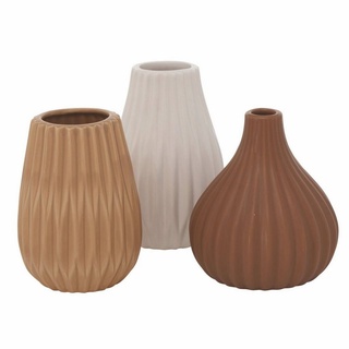 Spetebo Dekovase Keramik Blumen Vase WILMA 3er Set - weiß / braun (3er Set, 3 St., 3 unterschiedliche Vasen), Stein Tischvase mit Rillenmuster braun|weiß