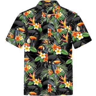 Hawaiihemdshop.de Hawaiihemd Hawaii Hemd Herren Baumwolle Kurzarm Hawaiihemd mit Papageien schwarz M