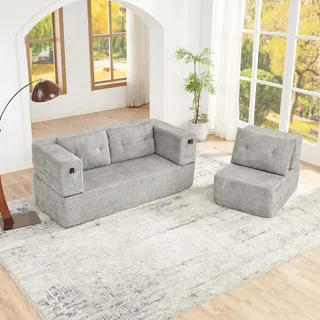 Modulares Wolkensofa Mit Sessel, Schlafsofa Ohne Montage Klappbar, Gästebett & Bodensofa, Verwandlungssofa Mit Seitentaschen An Der Armlehnen-vorderseite Für Handy Und Fernbedienung, Hellgrau
