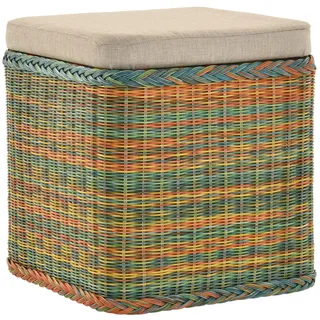 Rattan Wäschekorb Wäschetruhe Sitz gepolstert Flur-Bank Aufbewahrungsbox mit Deckel Bad-Hocker Sitzhocker Wäschesammler Sitz-Truhe Natur (Bunt, Quadratisch)