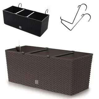 rg-vertrieb Blumenkasten Blumentopf Balkonkasten Geländerkasten Geländertopf 51cm Polyrattan Rattan-Optik Bewässerung mit Halterungen Aufhängung (Umbra)