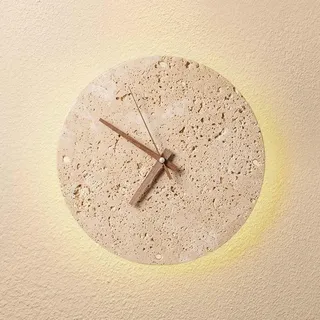 MODEBHD Runde Wanduhr aus Naturstein, Travertin Wanduhr mit LED-Hintergrundbeleuchtung, Wandlampe für Wohnzimmer, Schlafzimmer, leise Uhr im modernen minimalistischen Design