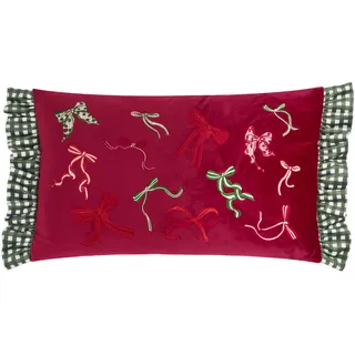 furn. Ditsy Bows Polyestergefülltes Kissen (Rot - 30x50cm) | Festlich Bestickte Schleifen Samt Gingham Volantrand Gerüschter Rand Landhaus Kissen