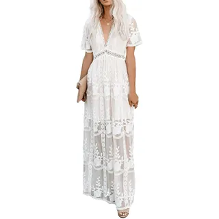 Muwodkdn Damen Spitze Kleider Lang Female Maxikleid V-Ausschnitt Freizeitkleider Elegant Abendkleider Ballkleid für Hochzeit Cocktailkeider(Weiß,S) - S