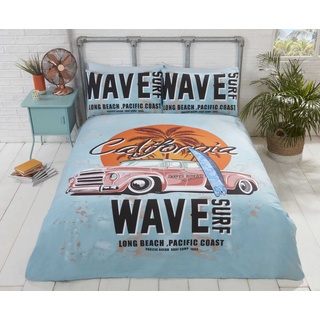 Rapport Bettbezug-Set, Rentro, California Surf Board on a Beach with Palm Tree & Vintage Car, Blau, Duck Egg, King Size