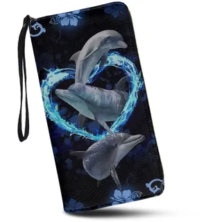 SCRAWLGOD Damen Lange Geldbörse mit Reißverschluss, Kartenhalter, Geldbörse, Clutch mit Handgelenkschlaufe, Blauer süßer Delfin.