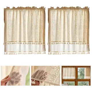 BTTO V&G Scheibengardine Kurze Fenster Gardinen Vorhänge,Bistrogardine,Beige mit Quasten, (2 St), Boho Fransen/W-Muster Spitzenfransen/Doppellagige Spitzenfransen 132 cm x 45 cm