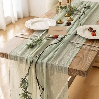 FOLAI Boho Tischläufer aus Käsetuch Table Runner Table Cloth – Rustikale Hochzeitstischdeko für Brautdusche, Geburtstag & Feiern (90x300cm) – Öko-Baumwolle & Wiederverwendbar( hellgrün )