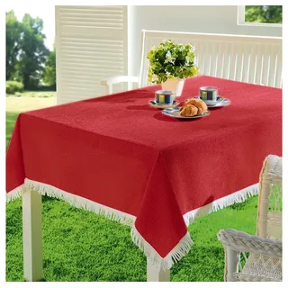 Emhelle Gartentischdecke Garten Balkon Terrasse Tischdecke Camping Picknick wetterfest (Packung 1-tlg, mit Fransen), PVC rot Eckig | 160 cm x 130 cm
