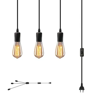 JZCDR Schwarz Hängelampe mit Stecker Pendelleuchte 3-Flammig E27 Fassung | Lampenfassung mit 3m Kabel DIY Hängeleuchte Vintage 3 Köpfe Pendellampe Kit für Schlafzimmer Wohnzimmer Küche