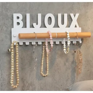 Schmuckhalter Wand Metall und Holz Design by GALEARA Schmuckleiste mit Schmuck oder Bijoux Schriftzug Schmuckaufbewahrung... (Bijoux - Weiß)
