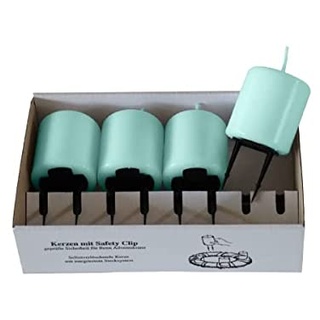 4er Set Adventskerzen, Stumpenkerzen mit Safety Clip und Kerzenstecker (Haltekrallen) Türkis 8 x ∅ 5 cm