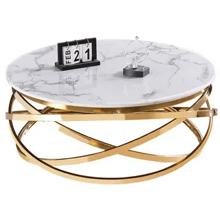alesvelt Couchtisch Beistelltisch echtes Marmor rund mit Edelstahl Beinen (1 Tisch), 100 x 42 cm, Tischplatte aus echtem Marmor goldfarben