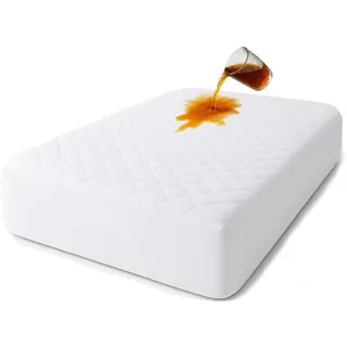 Matratzenschoner aus Baumwolle, gesteppte Matratze mit antiallergischer Behandlung, wasserdicht, milbendicht, weich und leise, atmungsaktive Auflage (Weiß, 180 x 200 + (35 – 40))