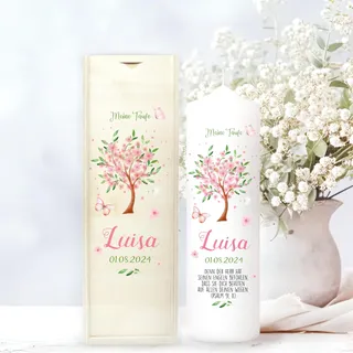 Wandtattoo Loft Taufkerze Mädchen mit Taufspruch, Motiv Baum mit Blüten, 25cm x 7cm, personalisierte Kerze, bedruckte Kerze Taufe, Stumpenkerze zur Taufe, individuelles Taufgeschenk