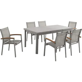 Gartenmöbel-Set aus Aluminium für den Essbereich: ausziehbarer Tisch, Länge 180/240 cm, und 6 stapelbare Stühle mit Armlehnen aus Akazienholz ... - Taupe