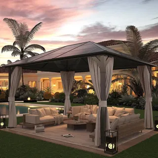 Amopatio Gartenpavillon 3x4 m Wasserdicht Stabil Winterfest, Pavillon mit Polycarbonat - Dach, Hardtop Pavillon mit Seitenteile für Garten, Terrassen, (Champagner)