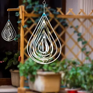 Windspiel für den Außenbereich, Metalldekorationen, 30.5 cm, silberfarbene Windspiele für Hof und Garten, 3D-Spiegel, Edelstahl, zum Aufhängen, Gartendekoration, lohnt Sich als Geschenk (Tropfen)
