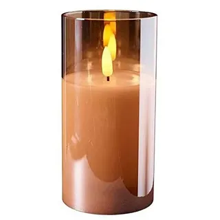 Hochwertige & Edle LED Kerze im Glas - Timer - Realistisch Flackernd - Neuartiges Design (Amber, Höhe: 15cm - Ø 7,5cm)