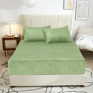 Plüsch Spannbettlaken 180x200 Hellgrün Grün Plüsch Warme Kuschelige Spannbettlaken Bettlaken Boxspringbett Frottee Samt Uni Bettspanntuch für 180 x 200 Hohe Matratze Hoher Steg bis 25-30 cm