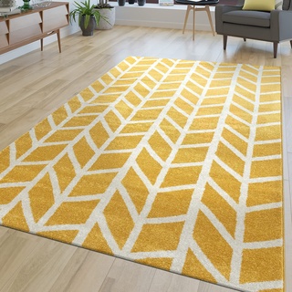 TT Home Teppich Wohnzimmer Modern Muster Kurzflor Streifen Design In Gelb Grau, Größe:160x230 cm