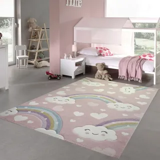 Kinderteppich Kinderzimmerteppich Regenbogen mit Wolken und Herzen in rosa Größe - 160 x 230 cm - Rosa