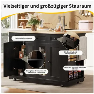 STILVORA Küchenwagen mit Trennwände,Kücheninsel Küchenschrank mit Schubladen&Lagerregale, (Küchenschrank, Esszimmerwagen, Buffetschrank, 1 St., 2 Türen aus gehärtetem Glas), MDF-Oberfläche, moderne Schubladengriffe, klappbarer Tischplatte schwarz