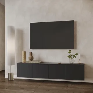 KOMTO TV Lowboard Hängend 160 cm Breit, Sideboard Wohnzimmer Hängend | TV Unterschrank, Fernsehschrank, 159,8 × 30 × 35 cm, Schwarz, 4 Klappen