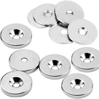 vasalat Magnet rund, Scheibenmagnet mit Metallscheibe mit Senkbohrung, Rundmagnet ø 23mm, Neodym vernickelt 12-teilig